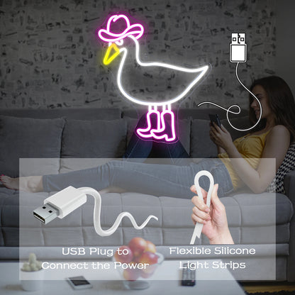 Letreiro Luminoso LED USB 5V Pato Cowboy Rosa e Branco - Econômico