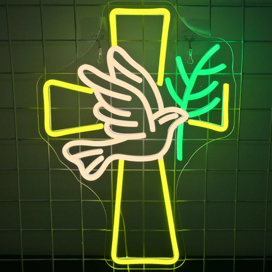 The image features a handmade LED neon sign that intricately combines two symbolic elements: a cross and a dove.