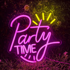 The image displays a vibrant "Party Time" LED neon sign, featuring bold, cursive lettering.