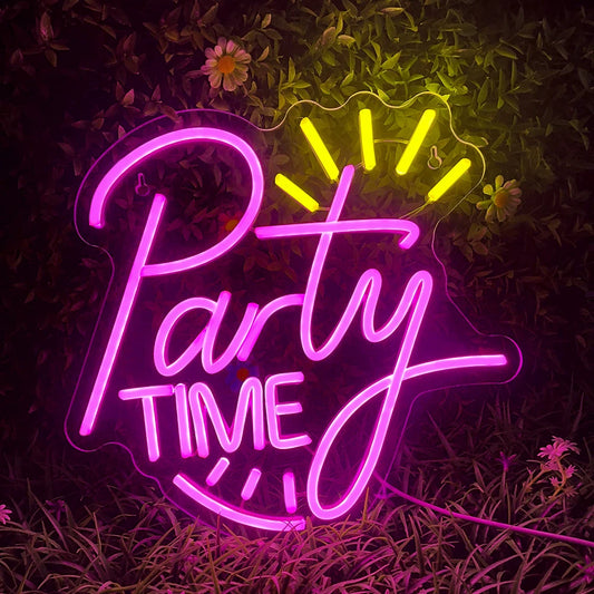 The image displays a vibrant "Party Time" LED neon sign, featuring bold, cursive lettering.