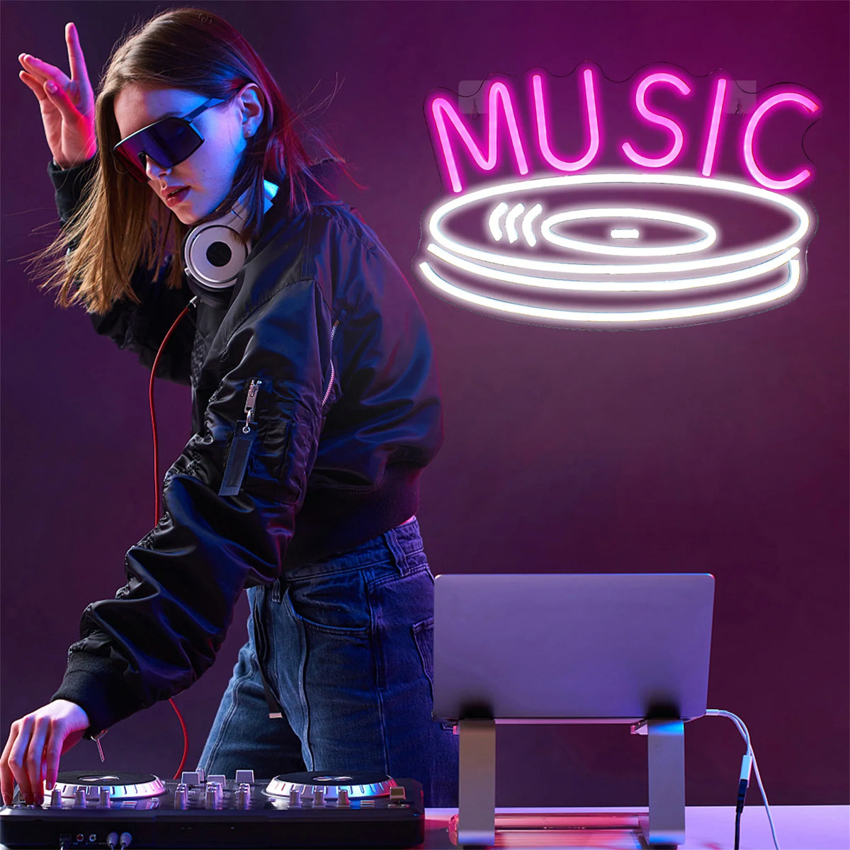 MUSIC – Disco de vinil – letreiro de néon LED (5 V USB)