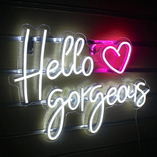 Hello Gorgeous – Coração – reclame luminoso em néon LED (5 V USB)
