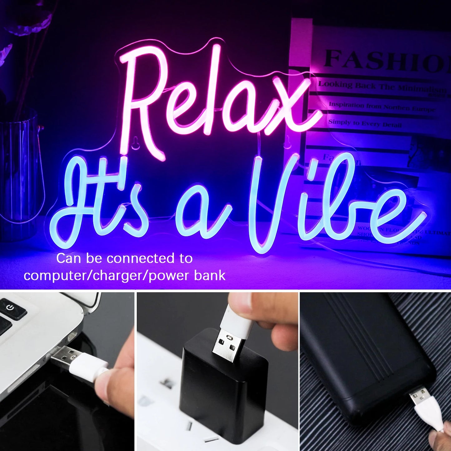 Letreiro de LED "Relax It's a Vibe" 5V USB - Econômico