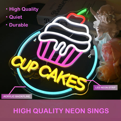 CUP CAKES – Cupcake com cereja e moldura circular – reclame luminoso em néon LED (5 V USB)