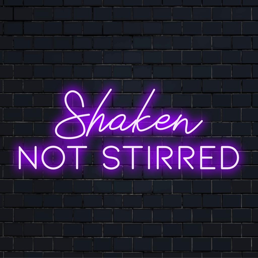 Placa de LED neon Shaken Not Stirred, com texto brilhante personalizado, perfeita para iluminar espaços com um toque personalizado.