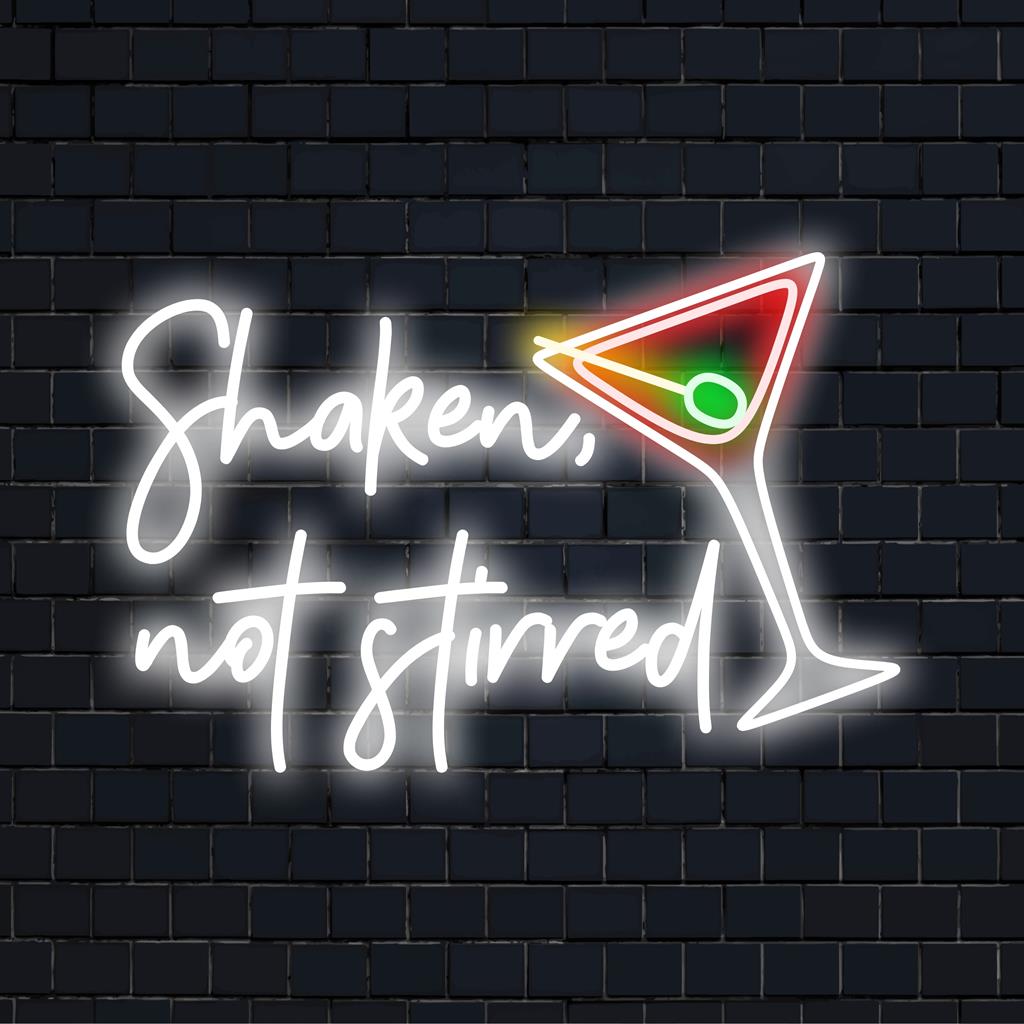 Letreiro de neon LED vibrante com a frase "Shaken, Not Stirred"; mistura perfeita de estilo e humor em uma decoração exclusiva de luz neon.