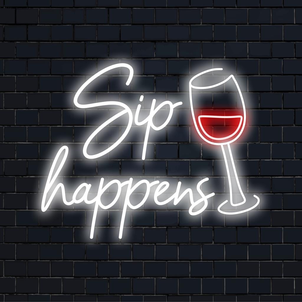 Placa de neon LED personalizada Sip Happens, que mistura capricho e charme; decoração de luz neon ideal para qualquer espaço elegante.