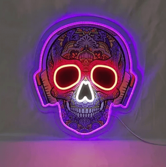 Skull With Headphones UV Print LED Neon Sign - The Art Neon
