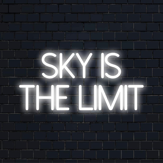 Vibrant LED neon sign displaying 'Sky Is The Limit,' perfect as inspiring neon quote art for personalized wall decor.