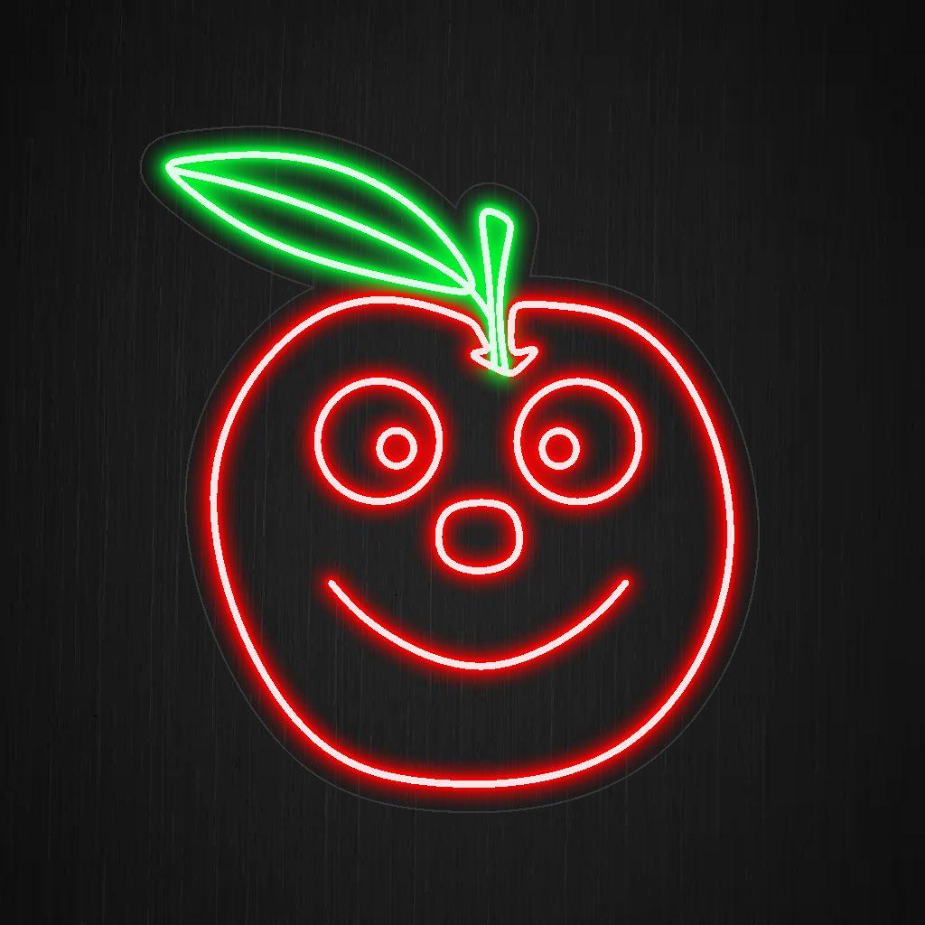 Um letreiro de neon iluminado com uma maçã sorridente, exalando felicidade e adicionando um toque de deleite frutado a qualquer espaço