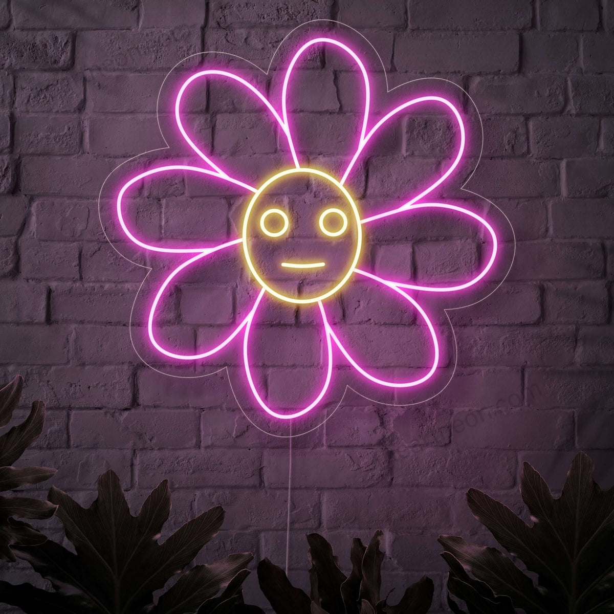 Um letreiro de neon iluminado com uma flor alegre e sorridente, trazendo um toque de natureza e charme floral a qualquer espaço