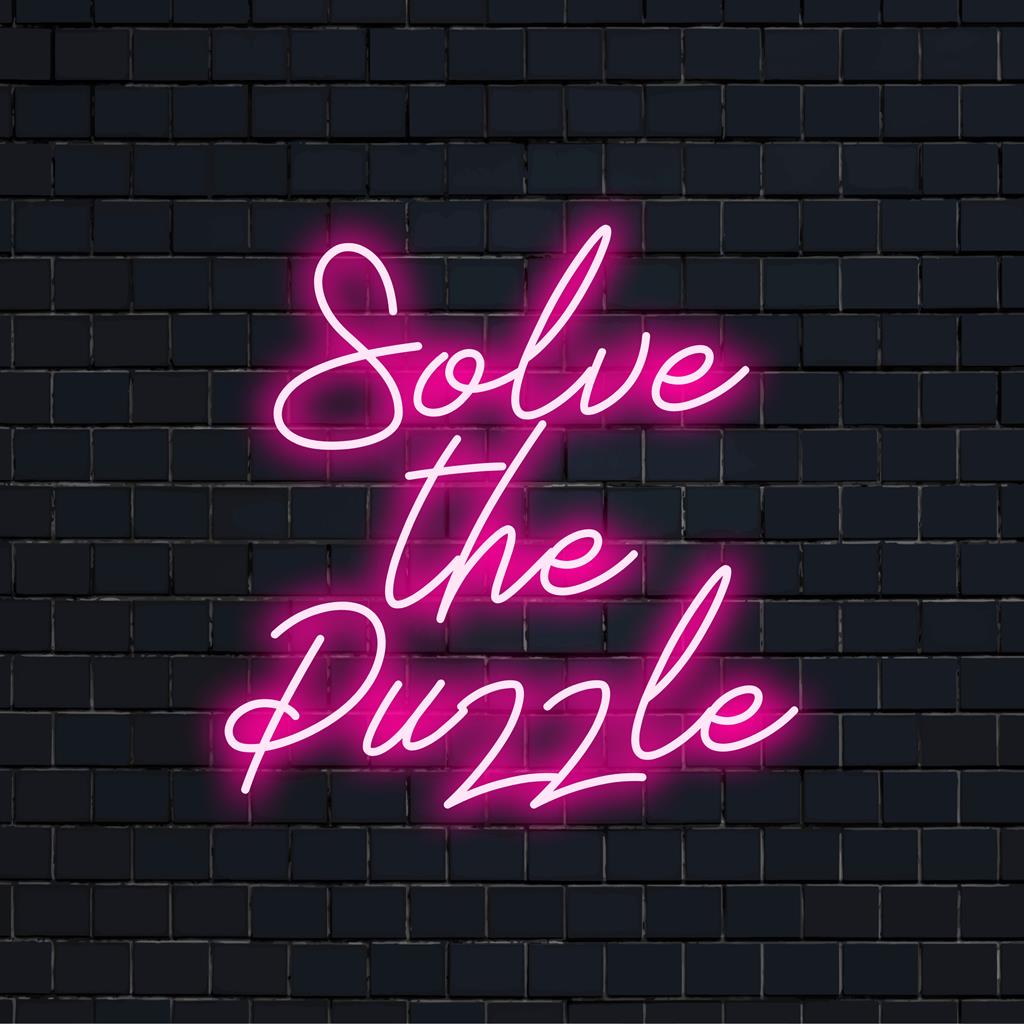 Placa de neon LED personalizada com texto Solve The Puzzle em cores vibrantes, perfeita para decoração e arte de parede neon exclusivas.