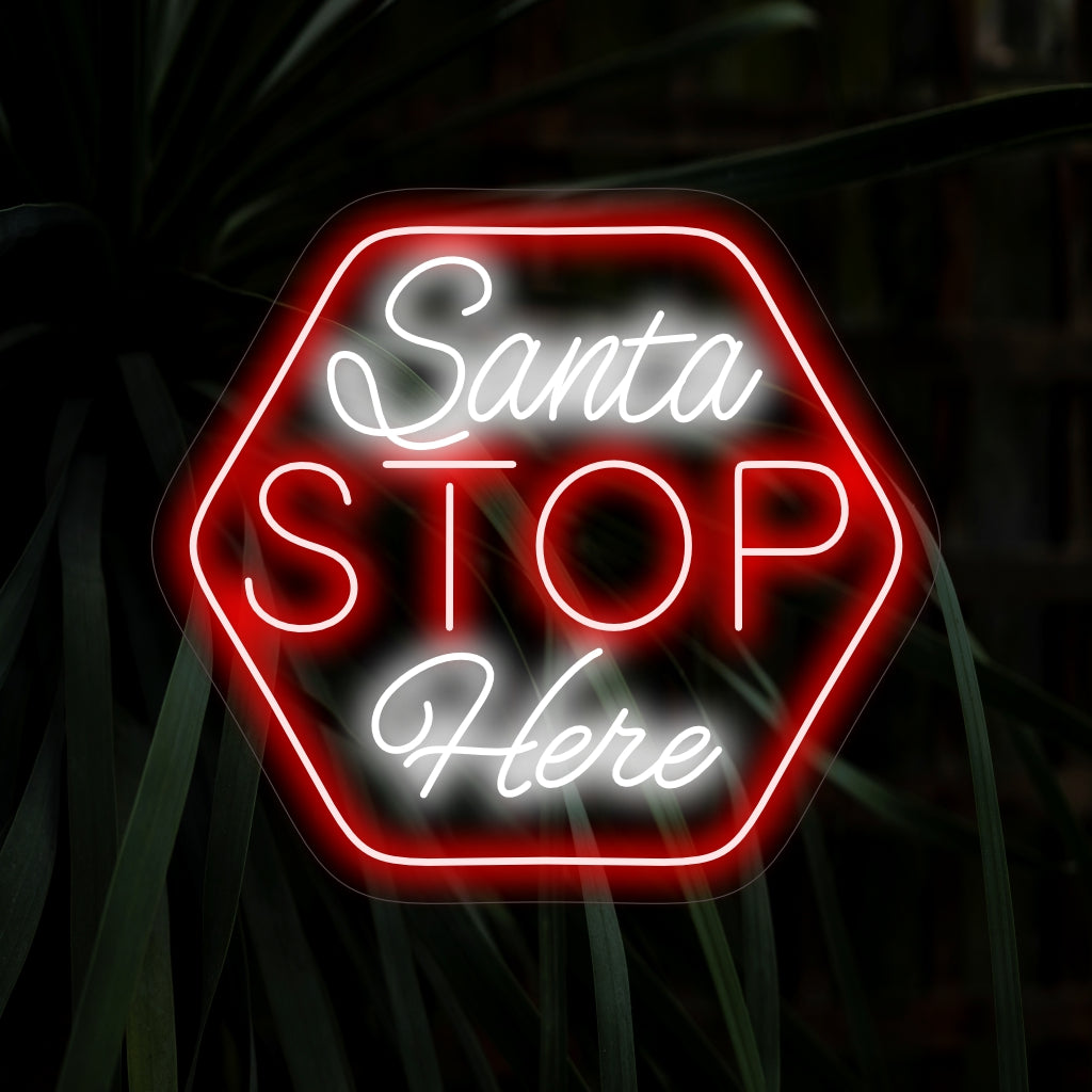 A placa de neon "Pare o Papai Noel Aqui" traz o clima natalino com sua mensagem divertida, lançando um brilho aconchegante e criando uma atmosfera alegre na decoração de suas festas.