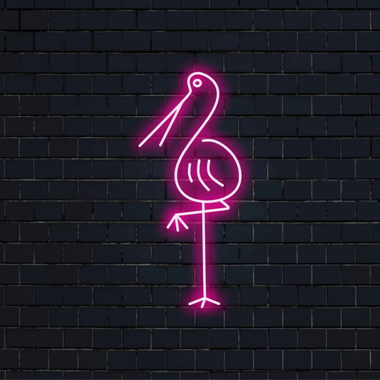 O letreiro de neon "Stork" acrescenta charme e simbolismo com sua silhueta graciosa, lançando um brilho suave que celebra a beleza dessas aves icônicas em seu espaço.