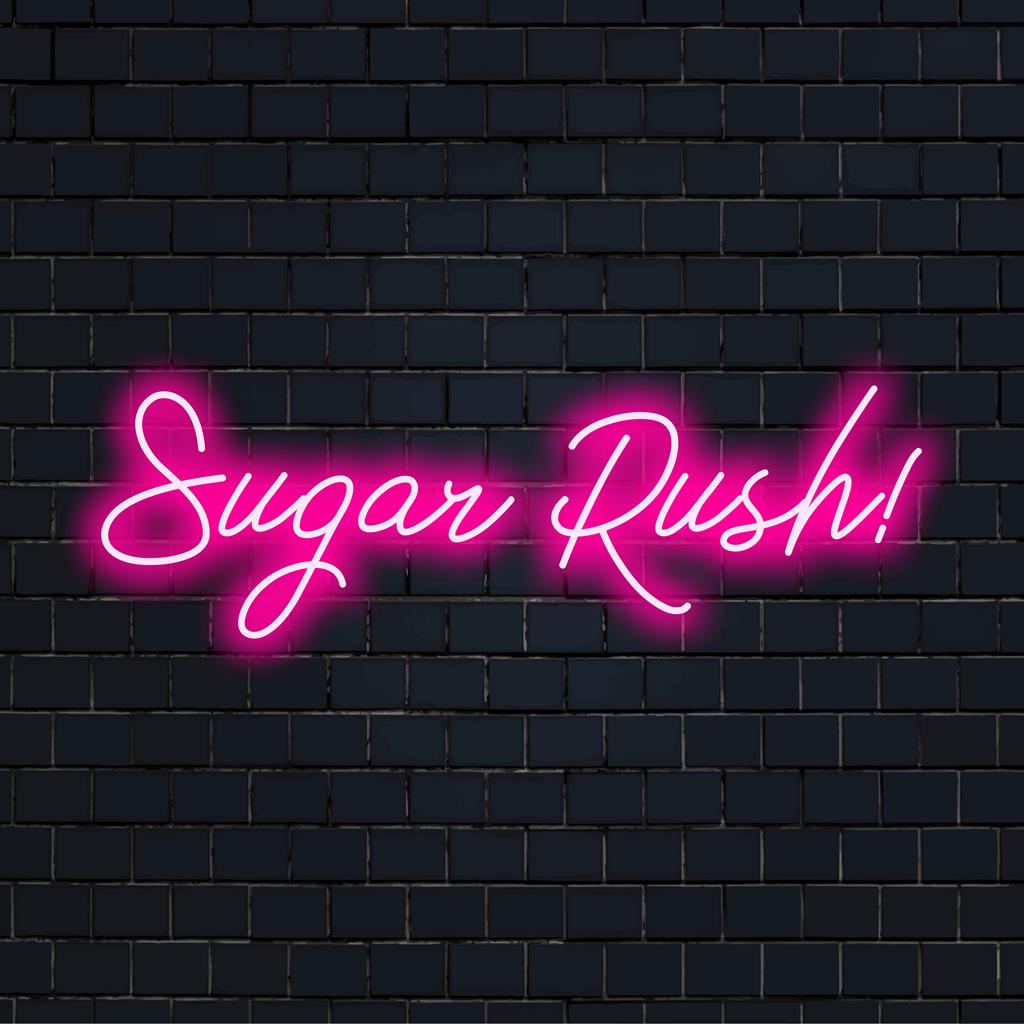Placa de neon LED feita à mão com texto vibrante Sugar Rush!, ideal para decoração personalizada com luz neon e estilo personalizado.