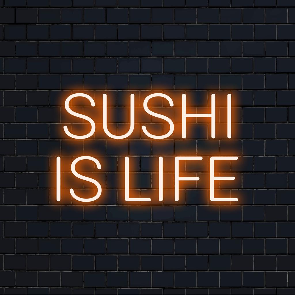 Letreiro de LED neon vibrante e personalizado com a divertida frase Sushi Is Life em um display neon colorido e artístico.