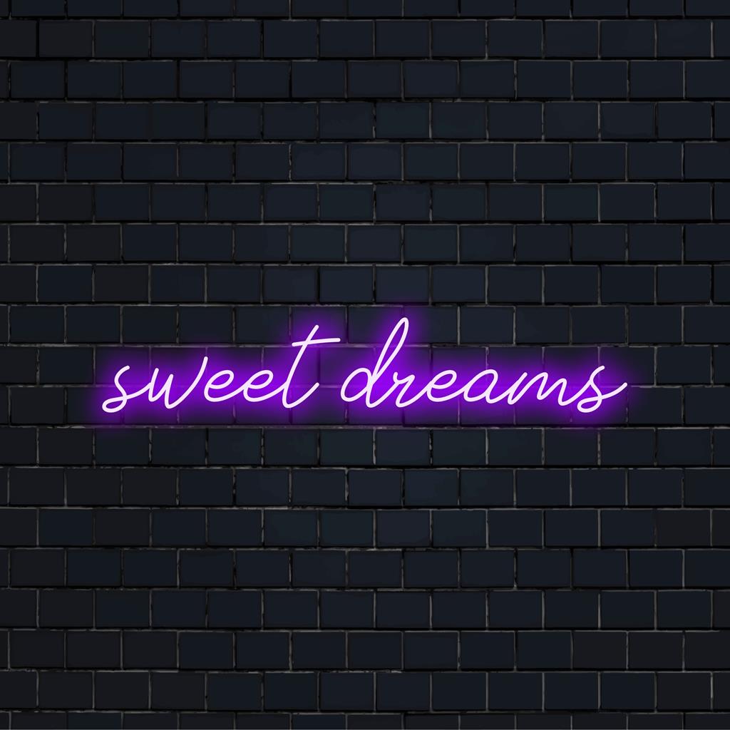 Vibrant Sweet Dreams glowing neon sign, perfect for bedroom ambiance; ideal neon wall art and custom LED light accessory.