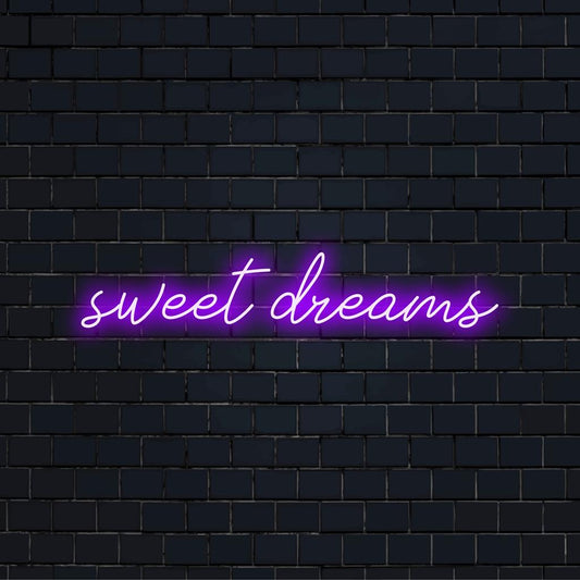 Vibrant Sweet Dreams glowing neon sign, perfect for bedroom ambiance; ideal neon wall art and custom LED light accessory.