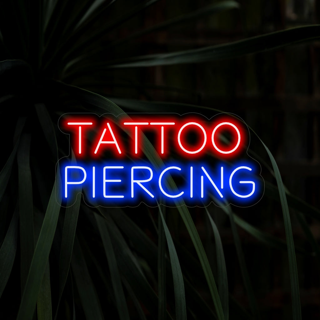 "Placa de neon com tatuagem e piercing" acrescenta um toque ousado com seu design icônico, lançando um brilho ousado que celebra o espírito rebelde e criativo da arte corporal em seu espaço.