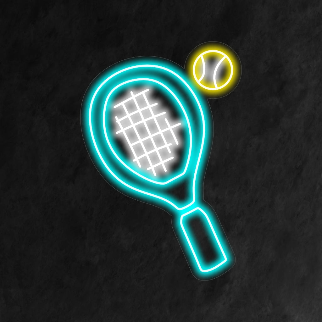 "Placa de neon com raquete e bola de tênis" traz um clima esportivo com seu design dinâmico, lançando um brilho energético que captura a emoção e a diversão do jogo em seu espaço.
