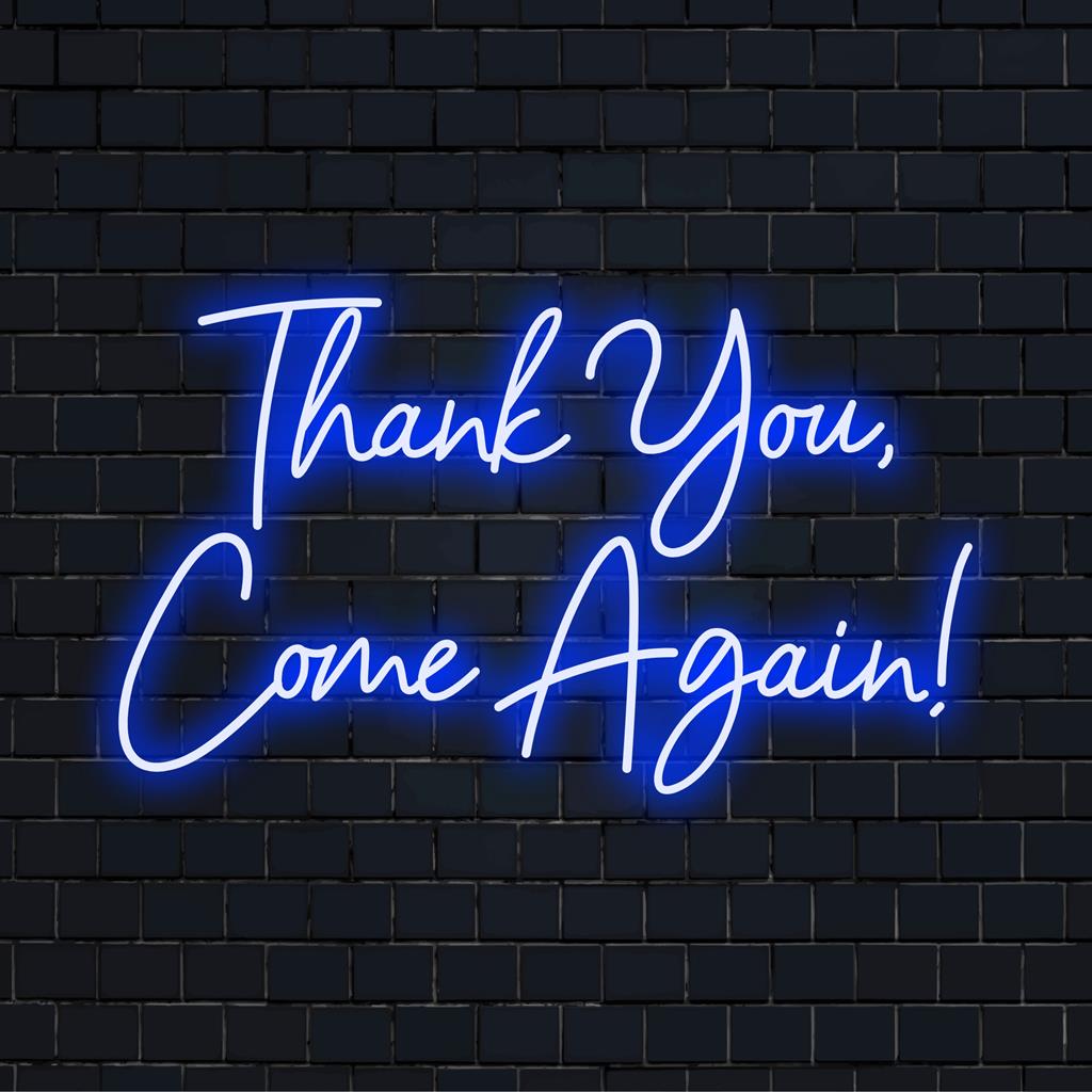 Letreiro de LED neon brilhante "Obrigado, volte sempre!", perfeito para espaços acolhedores. Arte artesanal com luzes neon e um toque vibrante.