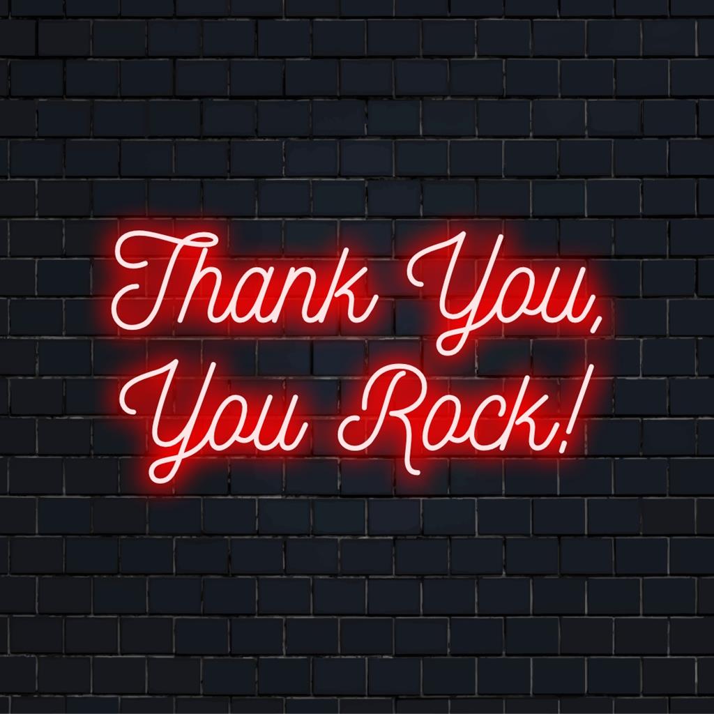 Custom neon sign featuring 'Thank You, You Rock!' in vibrant LED lights, perfect for personalized decor and unique wall art.