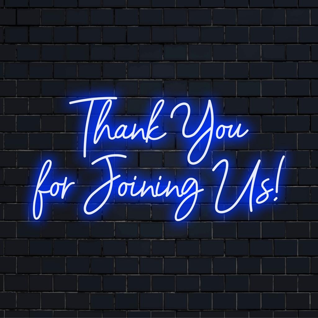 Placa de LED neon personalizada com uma mensagem calorosa de agradecimento por sua participação!, perfeita para decoração de festas ou eventos corporativos.