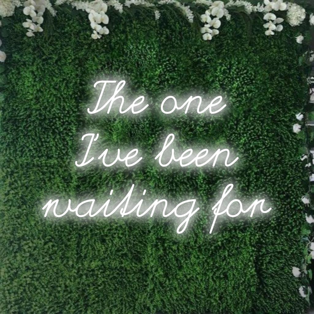 Placa de neon LED com "The One I've Been Waiting For", arte brilhante para um ambiente cativante e decoração personalizada.