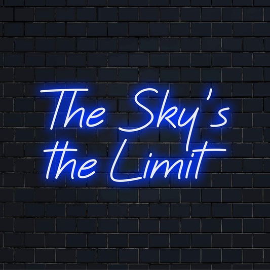 Illuminated custom LED neon sign with the phrase The Sky's The Limit, ideal for inspiring modern decor.