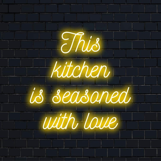 Custom LED neon sign with the phrase This Kitchen Is Seasoned With Love, perfect for neon wall art and cozy kitchen decor.
