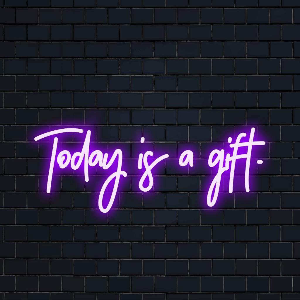 Imagem da placa de LED neon personalizada "Today Is A Gift", com texto brilhante, perfeita para decoração moderna de casa ou escritório.