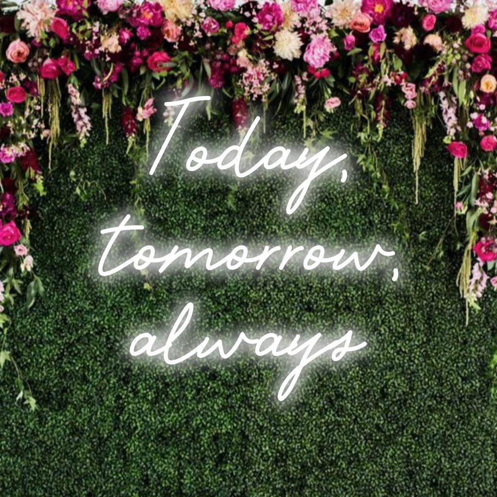 LED neon sign in bold text spelling Today, Tomorrow, Always, adding a timeless vibe to your décor. Perfect for any space.