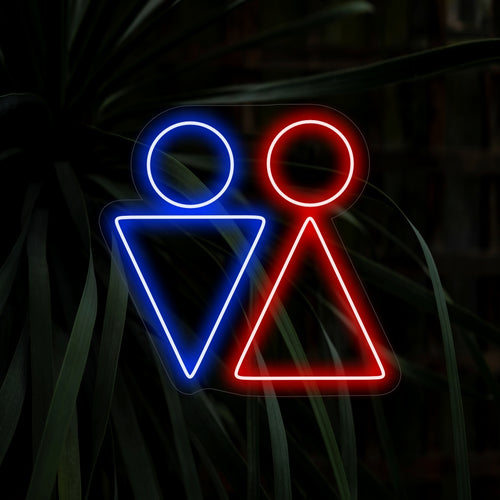 "Placa de neon triangular com símbolo de homem e mulher no banheiro" apresenta símbolos brilhantes e universais para fácil identificação do banheiro.