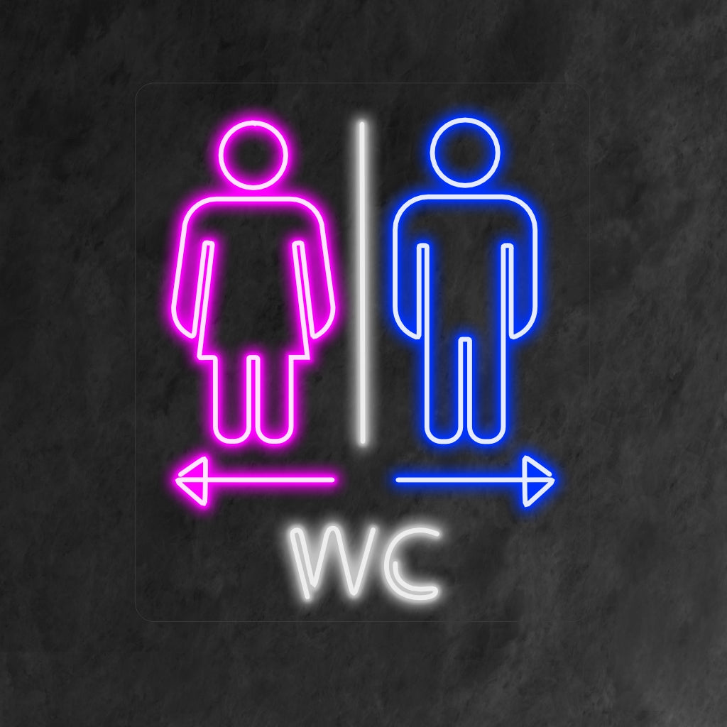 "Placa de neon para banheiro masculino e feminino" apresenta símbolos brilhantes e universais para fácil identificação do banheiro.