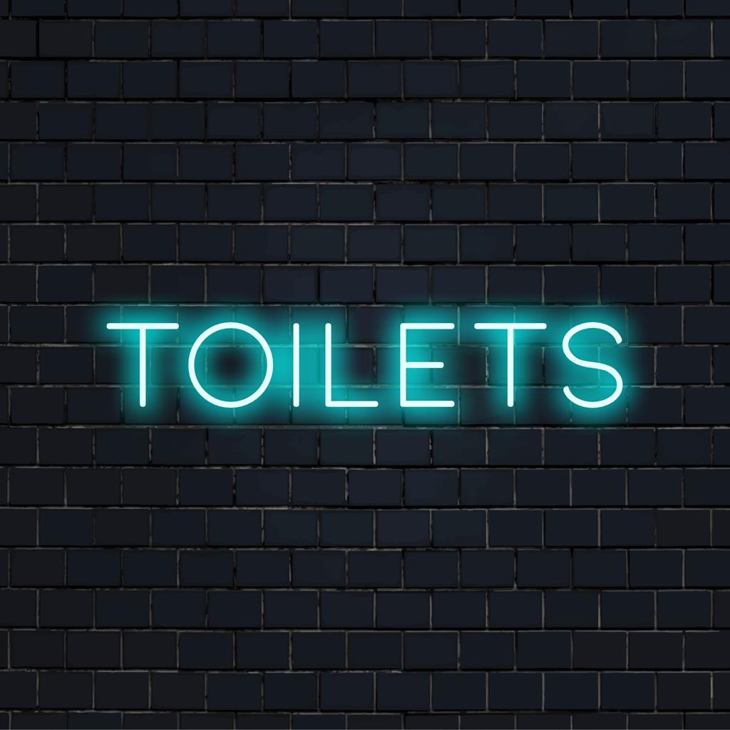 Placa de neon LED personalizada com a palavra Toilets em uma fonte brilhante e estilosa; ideal como decoração de neon exclusiva.