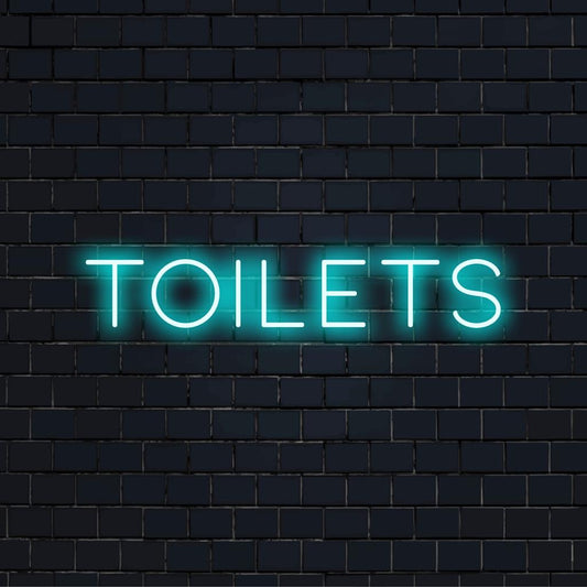 Placa de neon LED personalizada com a palavra Toilets em uma fonte brilhante e estilosa; ideal como decoração de neon exclusiva.