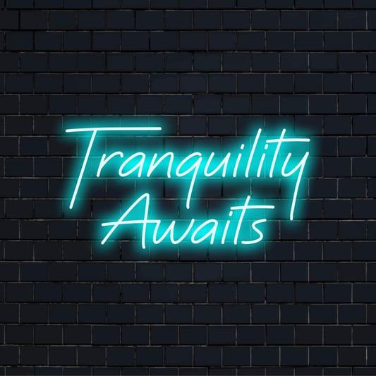Custom LED neon sign featuring Tranquility Awaits in vibrant hues; perfect neon light decor for a calming ambiance.