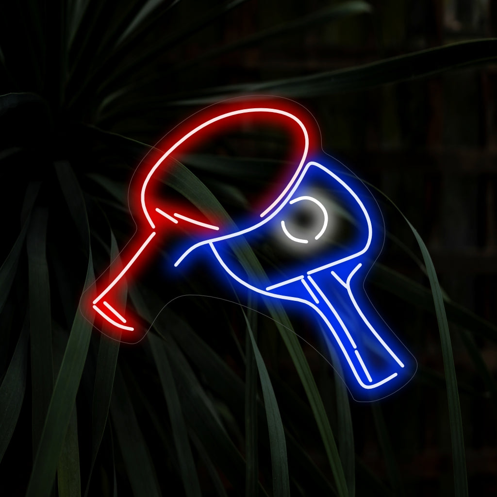 "Placa de neon com duas raquetes e uma bola de pingue-pongue", capturando a emoção e a energia do tênis de mesa.