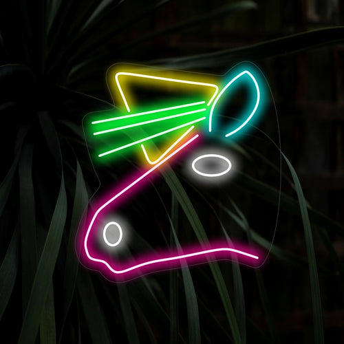 "Placa de neon em forma de cabeça de unicórnio" com um brilho fantástico, trazendo magia e encantamento ao seu espaço.