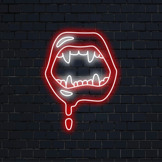 "Placa de néon com lábios de vampiro" com um brilho sensual, criando uma atmosfera intrigante de sedução e mistério.