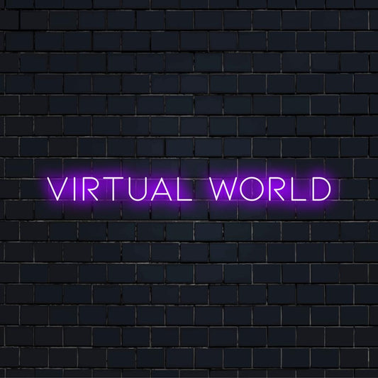 Custom LED neon sign titled Virtual World, showcasing an exciting neon art piece. Ideal for decor or personalized decor accents.