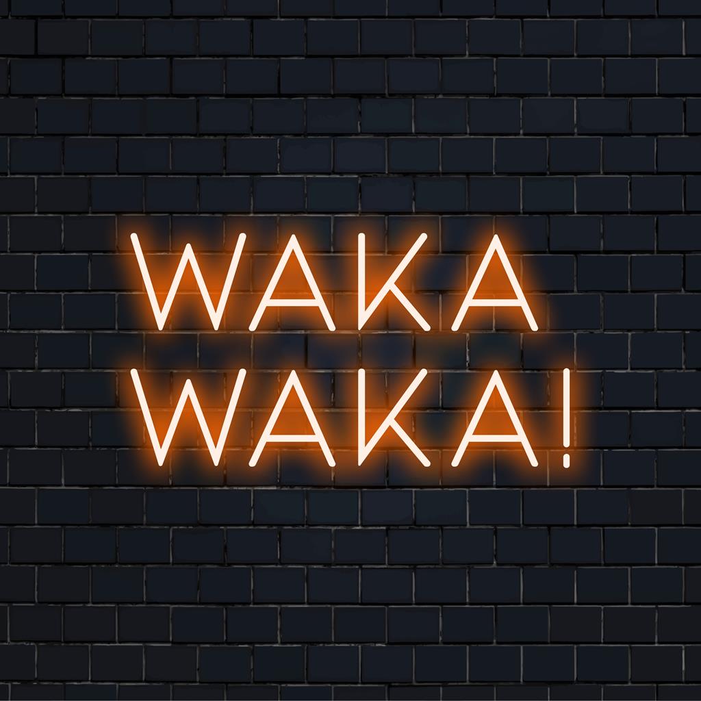Placa de neon LED personalizada com a frase Waka Waka!, perfeita para decoração exclusiva com luz neon e ambiente personalizado.