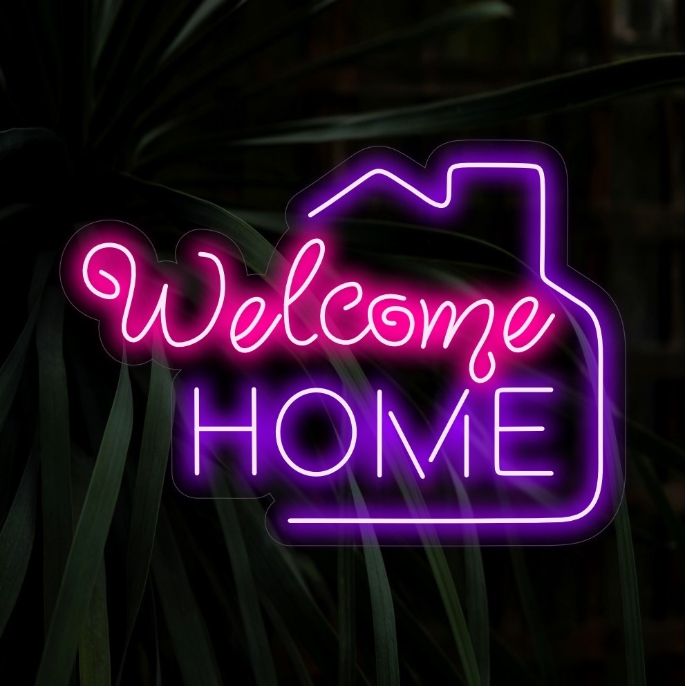 A placa de néon "Welcome Home" irradia calor e hospitalidade com seu brilho aconchegante, criando uma atmosfera acolhedora para quem entra em seu espaço.