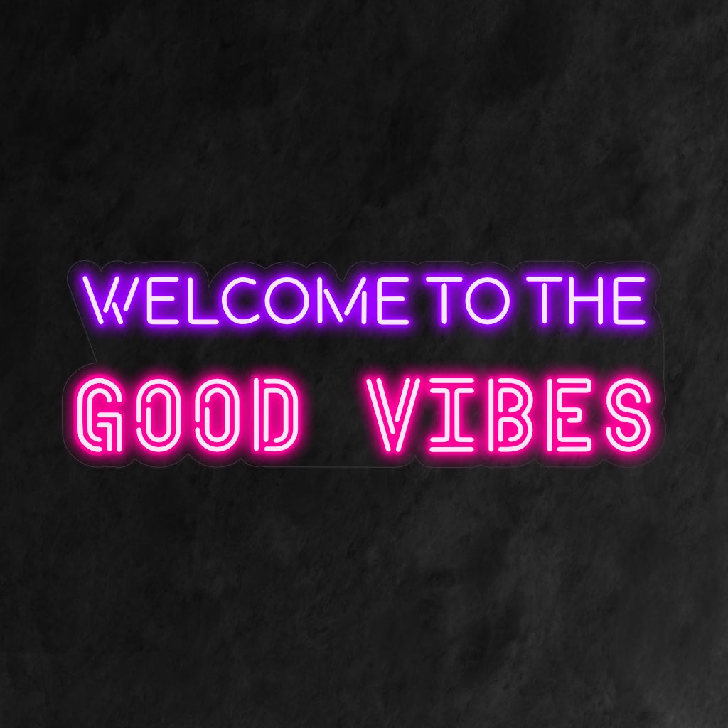 "Bem-vindo ao letreiro de néon Good Vibes" irradia positividade com seu brilho vibrante, criando uma atmosfera que convida todos a abraçar as boas vibrações.