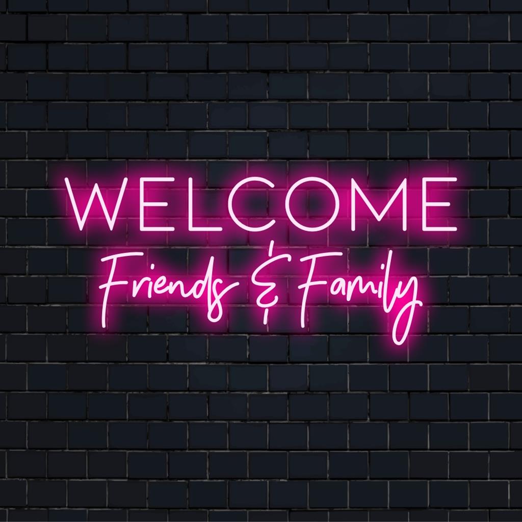 Placa de neon LED personalizada com os dizeres "Bem-vindos, amigos e família"; perfeita para dar um toque pessoal a qualquer espaço. Decoração com luzes neon.