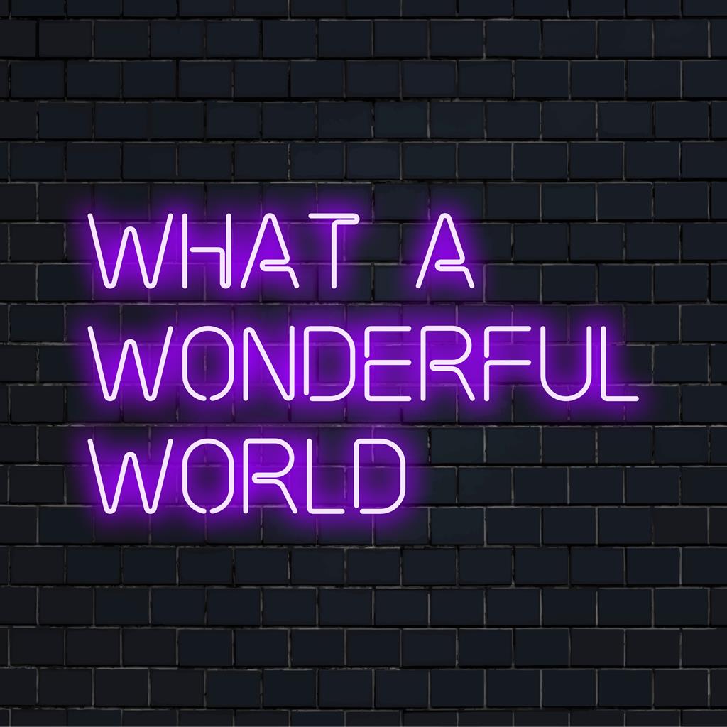 Glowing LED neon sign says What A Wonderful World, illuminating spaces with custom neon art and personalized light decor.