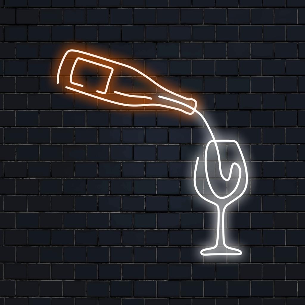 Letreiro de neon LED com vinho sendo servido, perfeito para decoração personalizada com luzes neon e arte de parede elegante. Ideal para bares em casa.