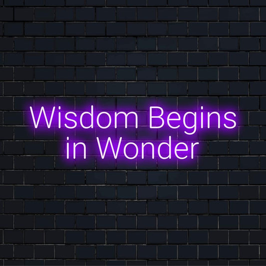 Custom LED neon sign: Wisdom Begins In Wonder glowing in luminous hues, perfect for inspiring decor.