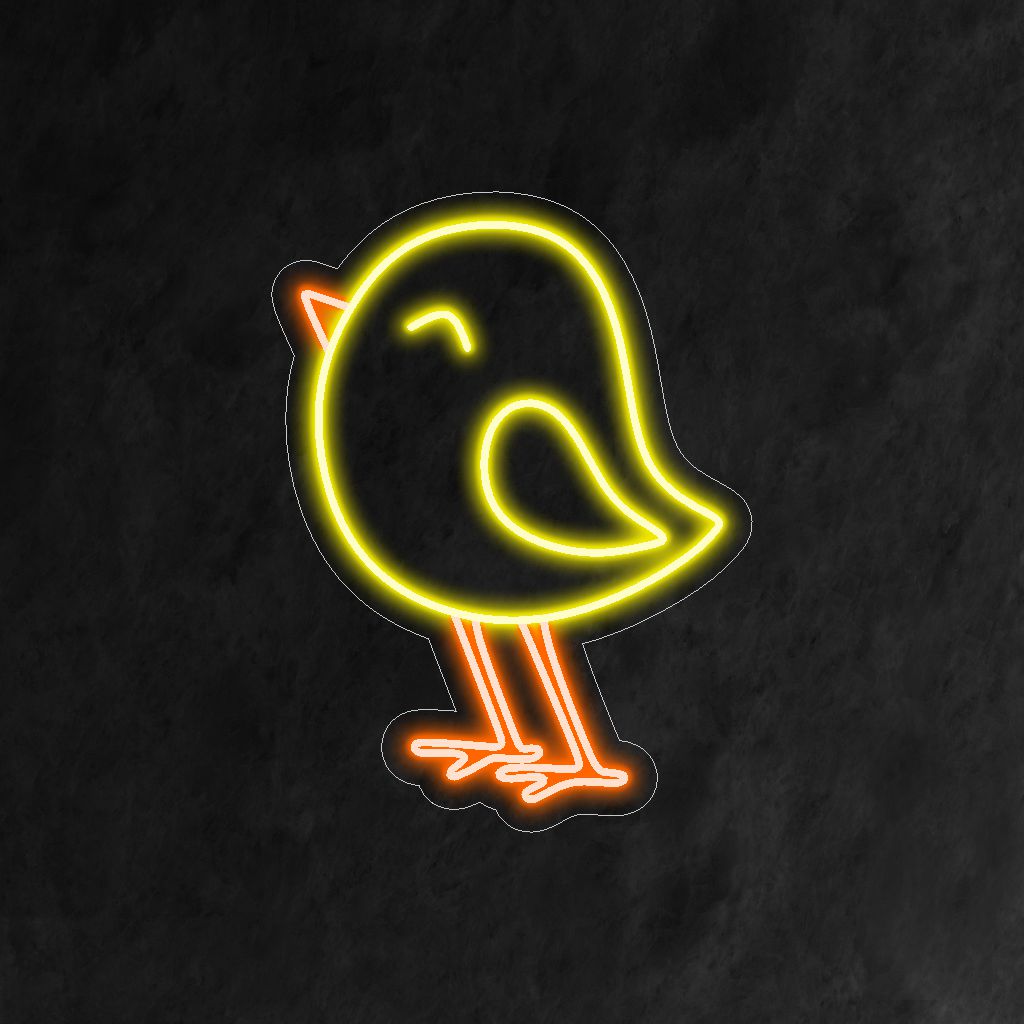 "Placa de neon de pintinho amarelo" - Uma representação fofa de um pintinho amarelo com brilho neon vibrante.