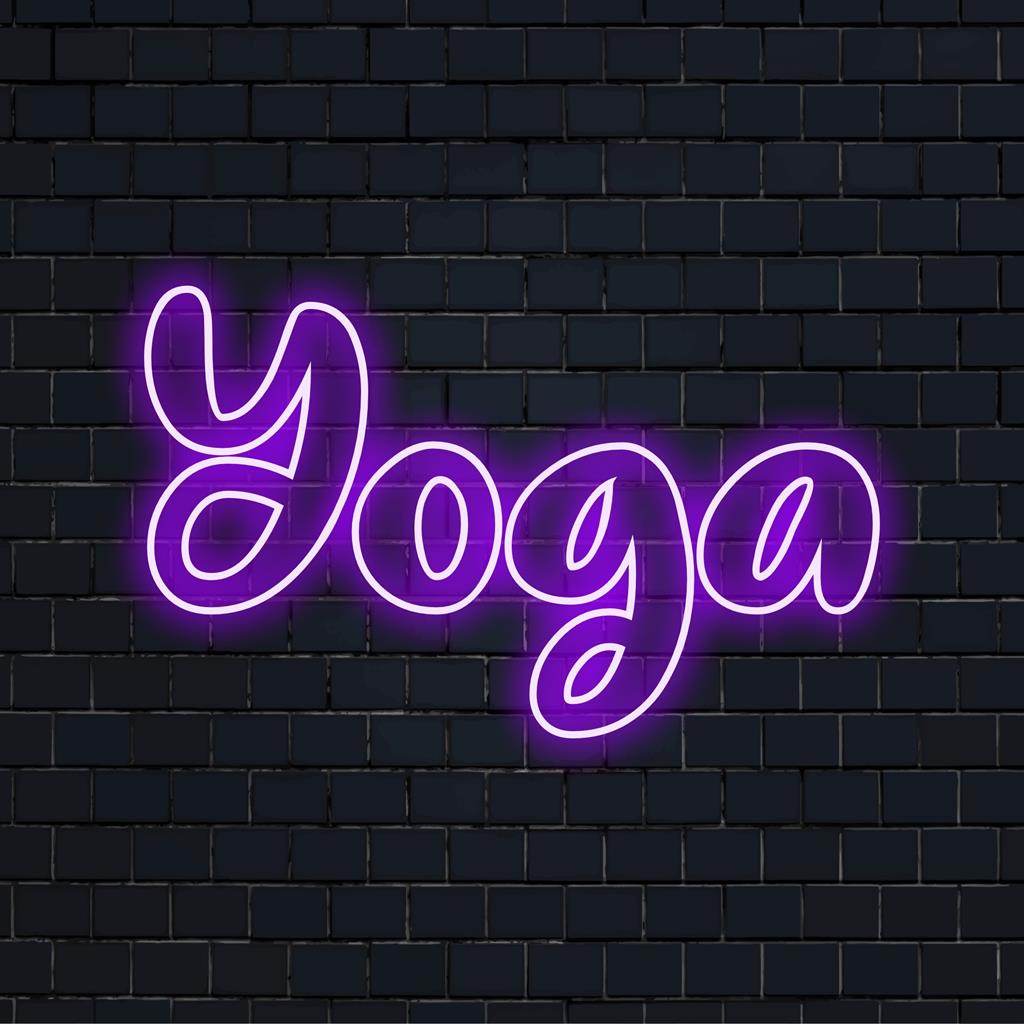 Letreiro de LED neon para ioga radiante; perfeito como arte de parede neon para espaços tranquilos. Design de LED personalizado com um tema de ioga tranquilo.